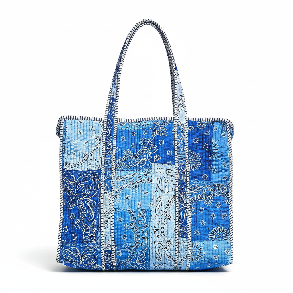 Women's quilted paisley print tote bag front view, roomy carryall silhouette, light neutral studio background