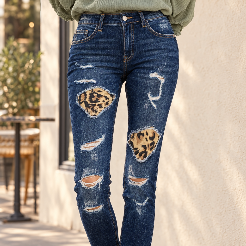 KanCan women's dark wash skinny jeans close-up of front pockets, frayed rips and leopard patches outside a cafe