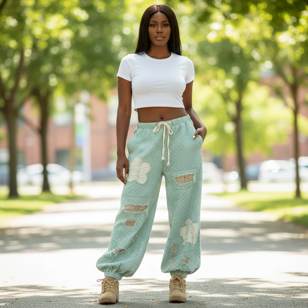 Women's mint polka dot wide-leg distressed pants worn by woman in urban park setting casual outfit