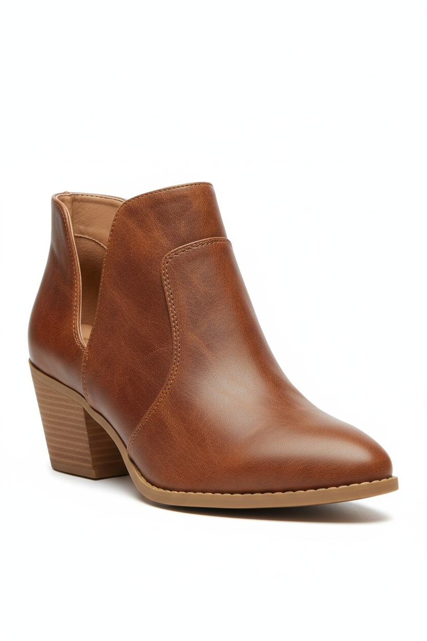 Women's Cognac Side Cutout Ankle Booties - Three Quarter View