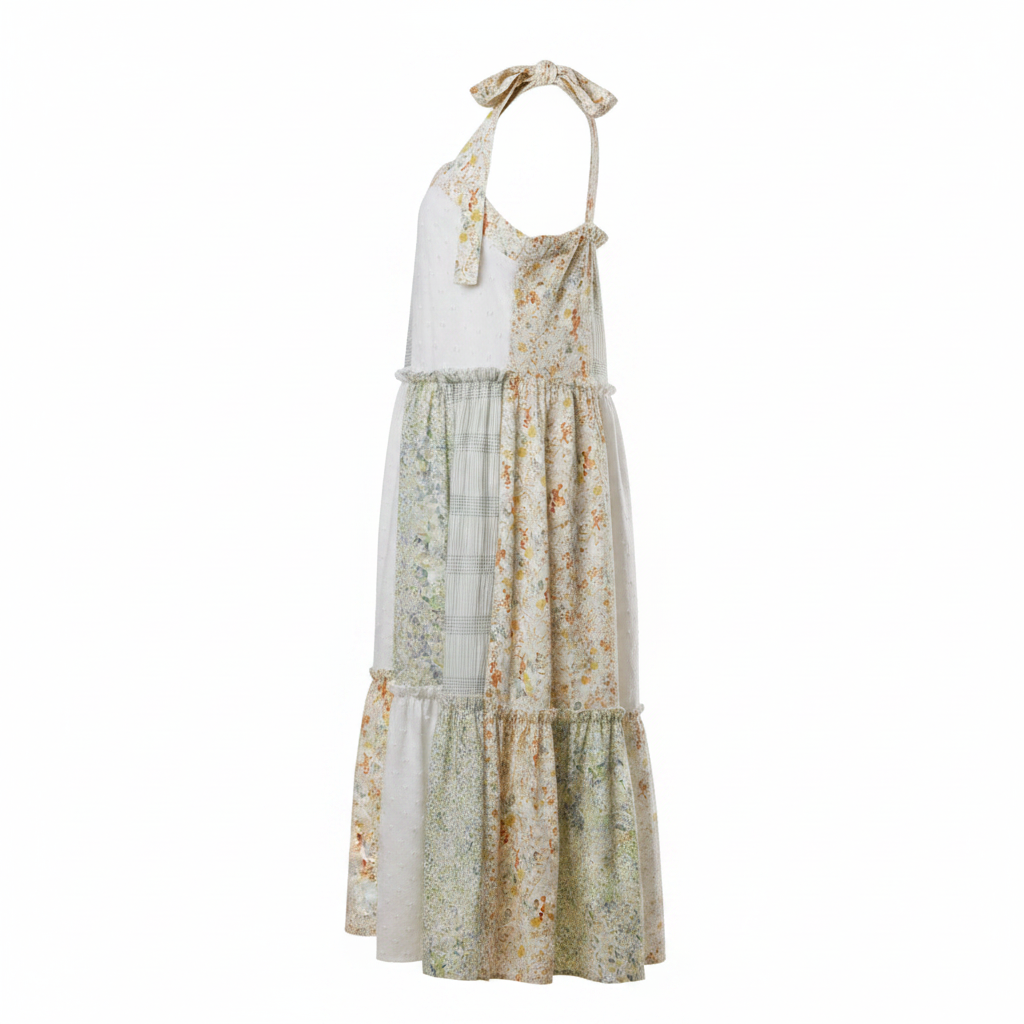 Women's patchwork tiered maxi dress side profile, A-line silhouette, gathered ruffle tier detail