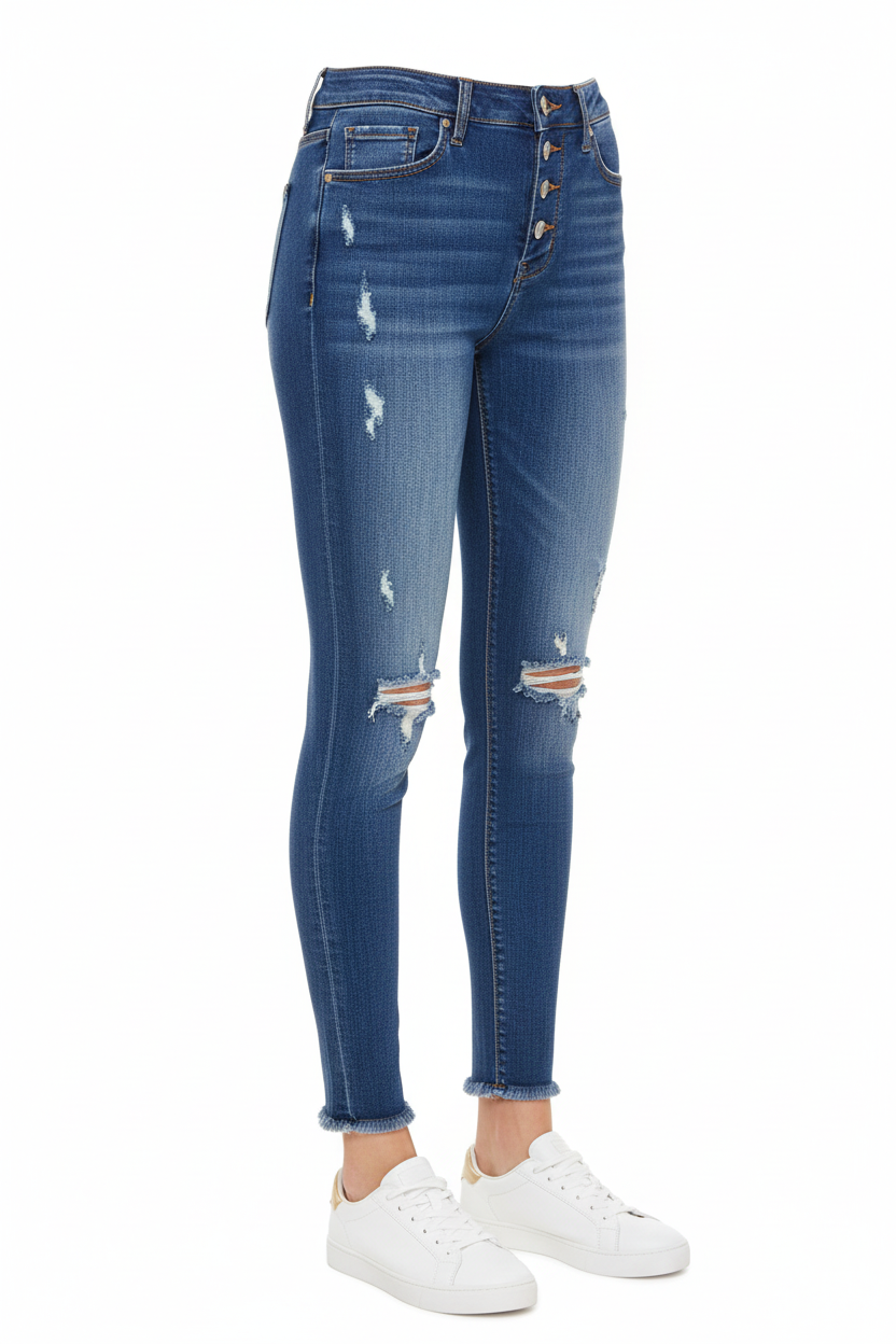 Distressed skinny jeans side profile view showing silhouette