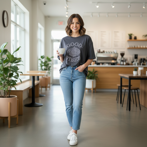 Woman wearing Good Vibes oversized graphic tee styled with high-waisted jeans in coffee shop setting