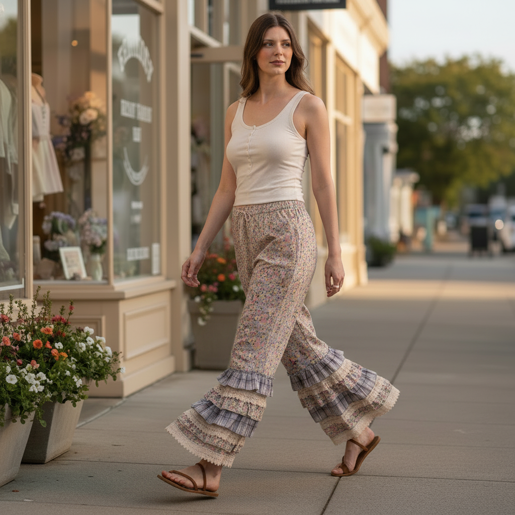 Bluevelvet floral wide leg pants with tiered ruffle hem, boutique street style walking outfit