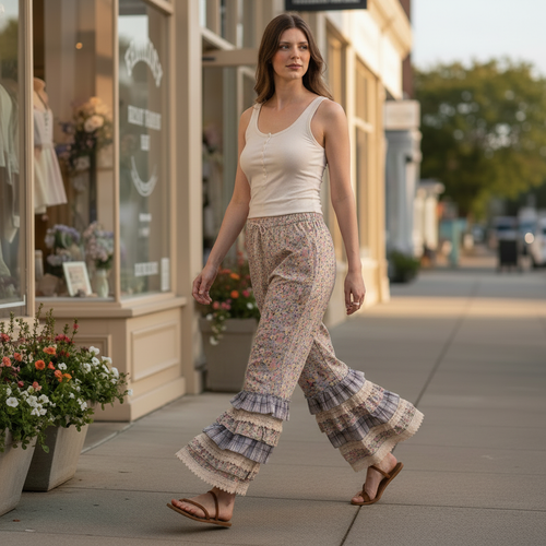 Bluevelvet floral wide leg pants with tiered ruffle hem, boutique street style walking outfit