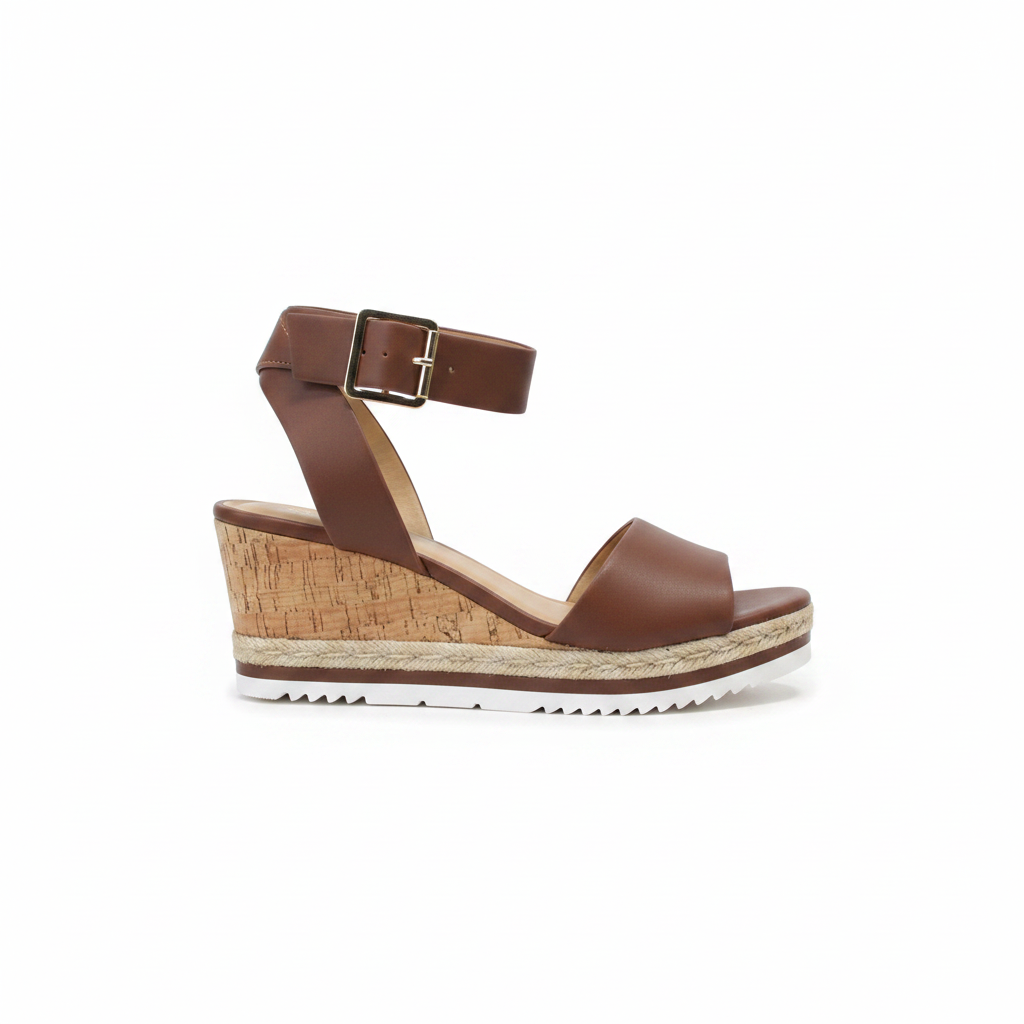 Cityclassified Junior-S brown cork wedge sandal outer side profile showing gold buckle ankle strap and cork heel