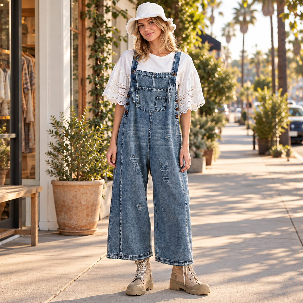 Easel Clothing women's vintage denim wide-leg overalls on a boutique sidewalk - BellanBlue