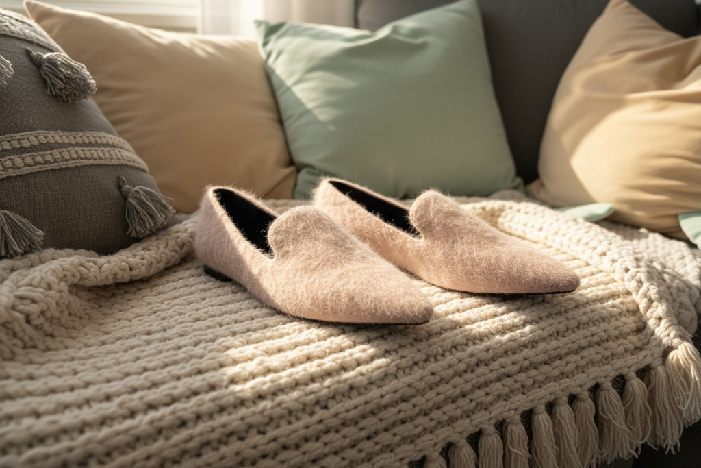 Pink fuzzy slippers styled with cozy blankets and pillows - lifestyle photo