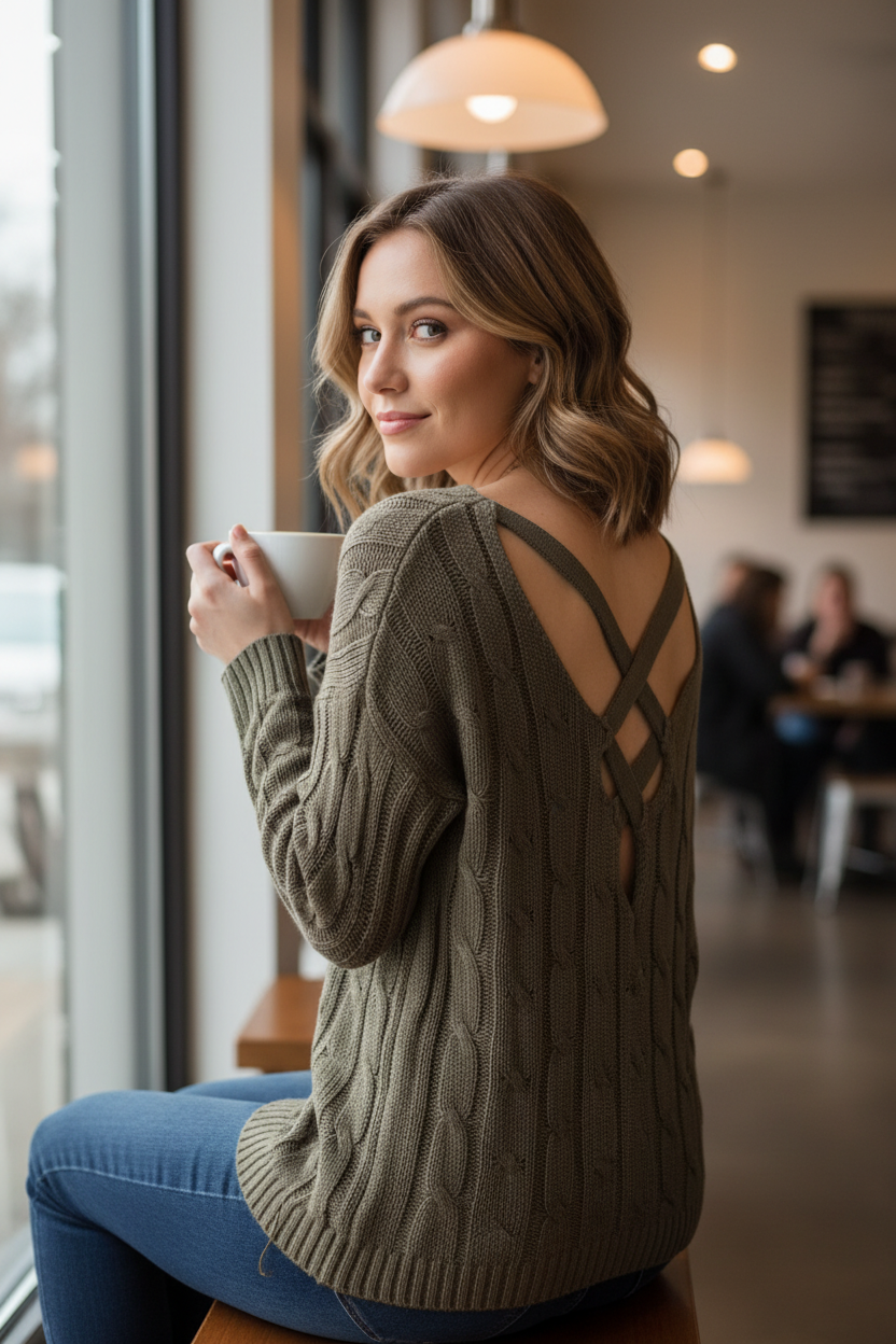 Woman wearing olive cable-knit sweater with lace-up back in cozy coffee shop setting