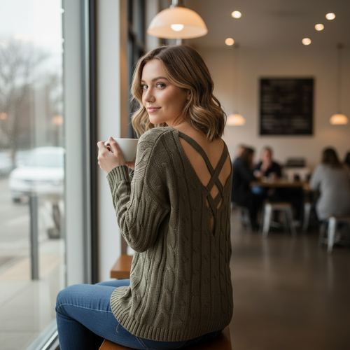 Woman wearing olive cable-knit sweater with lace-up back in cozy coffee shop setting