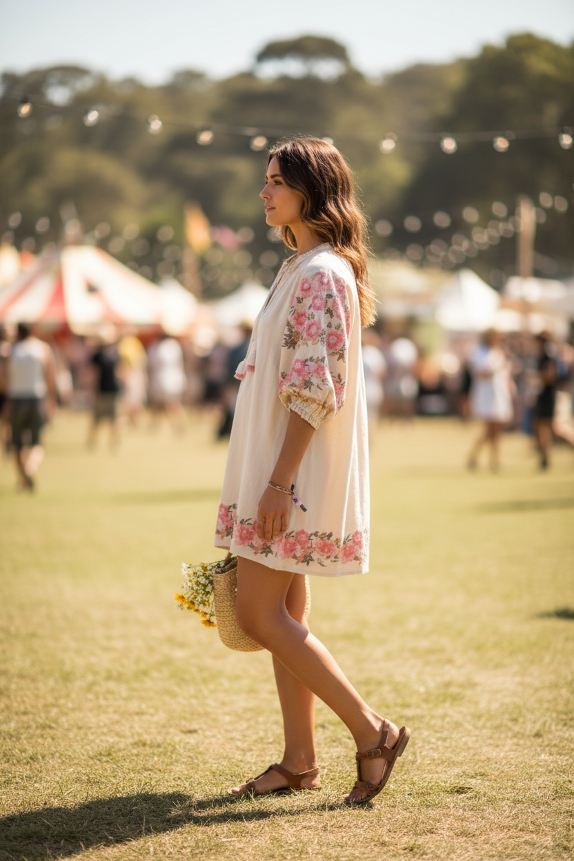 Floral Embroidered Boho Tunic Dress at outdoor festival with strappy sandals - Lifestyle photo