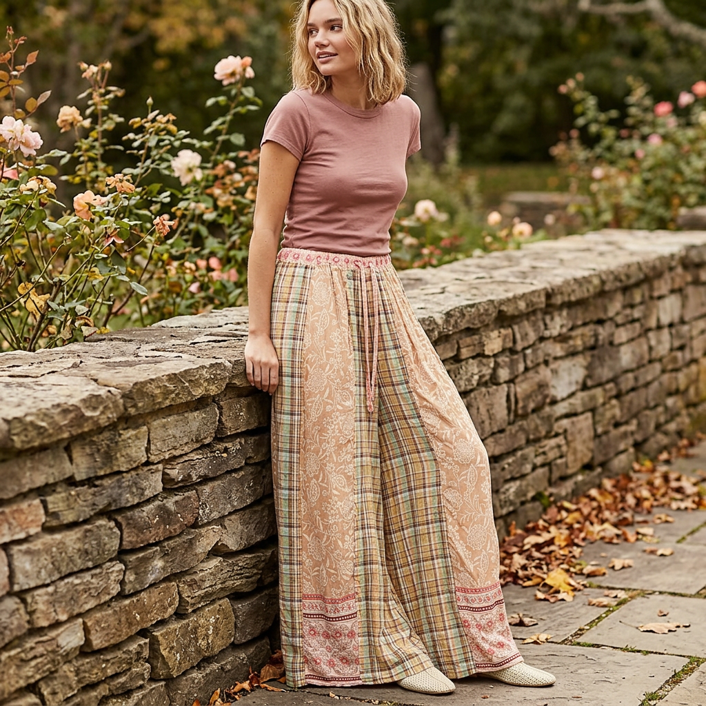 POL Clothing women's mocha floral plaid pants styled with a dusty rose tee beside a garden wall