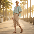 Easel women's khaki cropped capri pants with ruched drawstring ties styled for resort walkwear