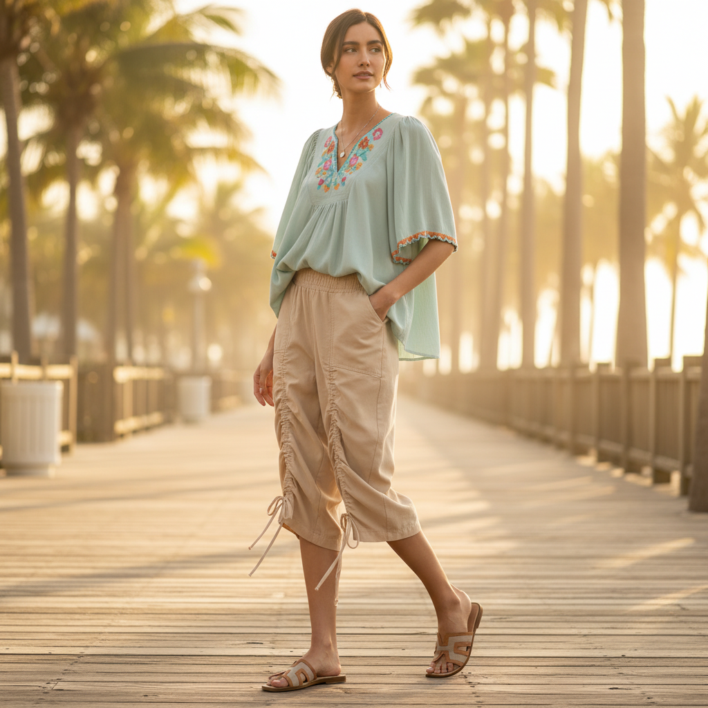 Easel women's khaki cropped capri pants with ruched drawstring ties styled for resort walkwear