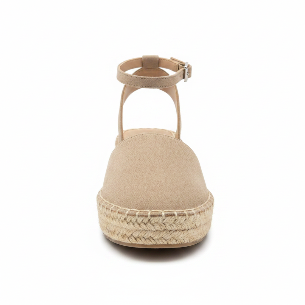 Women's taupe suede closed toe espadrille flatform sandal with ankle strap buckle front view - BellanBlue