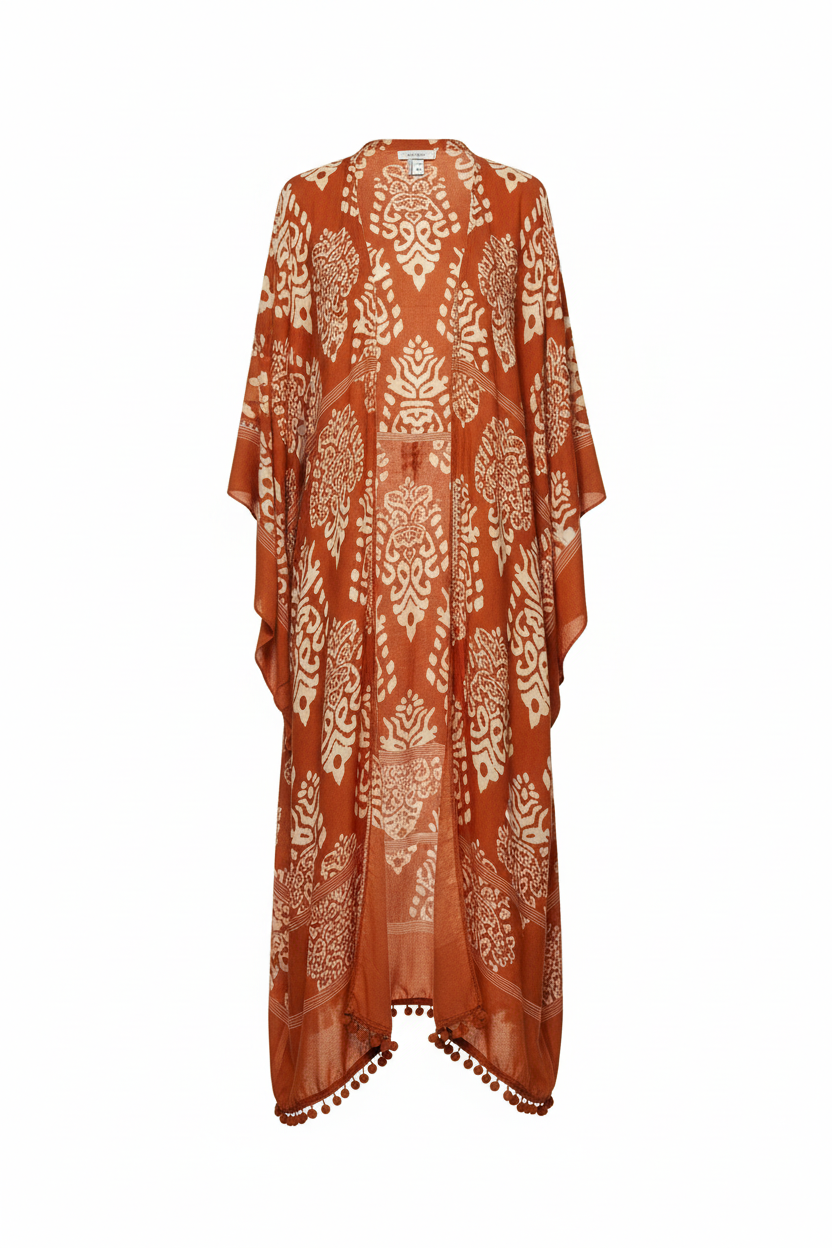 Damask print long kimono duster in rust burnt orange - front view showing flowing maxi length and pom-pom trim