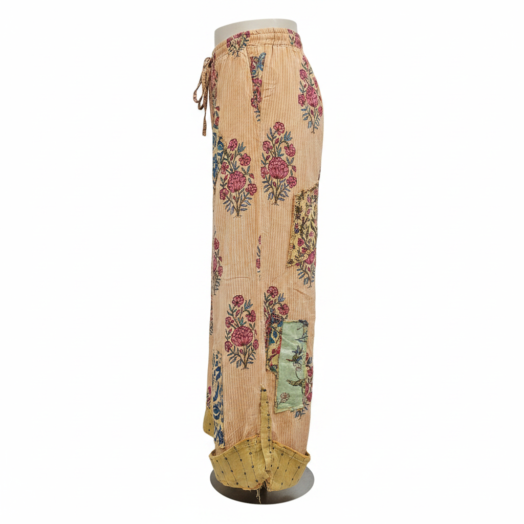 Women's apricot wide-leg palazzo pant side profile, patchwork botanical floral print, full-length silhouette, crinkled cotton, oversized