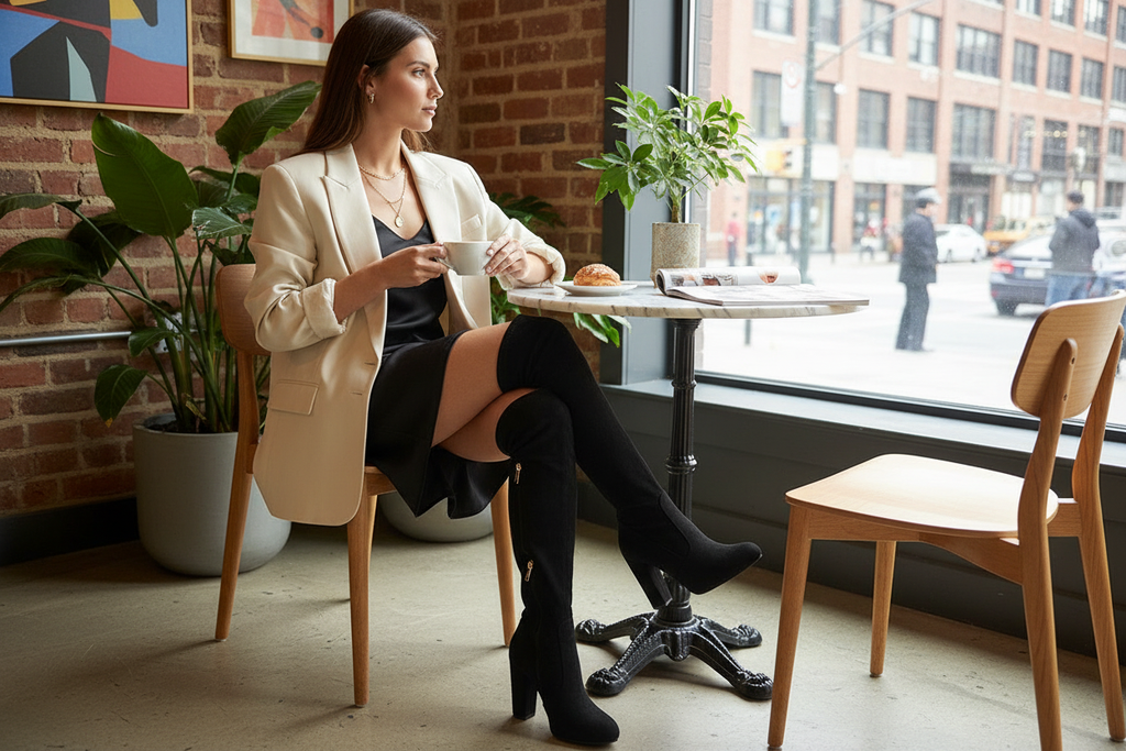 Woman wearing black over-the-knee boots at cafe - elegant casual outfit for stylish occasions