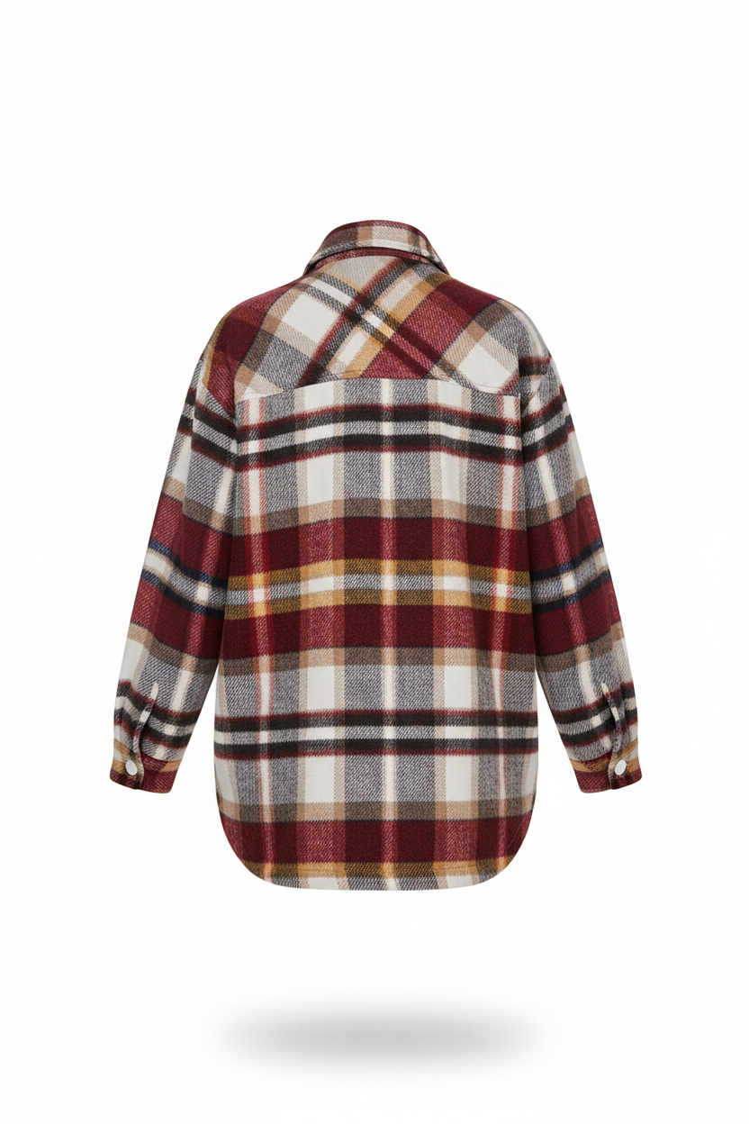 Burgundy red cream and gray plaid flannel shacket back view showing plaid pattern and oversized fit floating on white background
