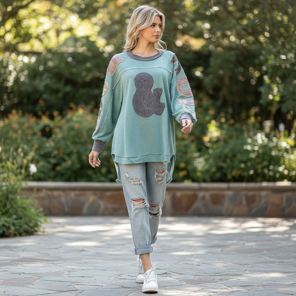 Oli & Hali women's sage patchwork sleeve pullover top, oversized fit, garden patio weekend outfit