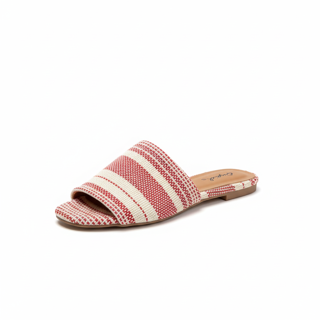 Women's red and cream striped pointed-toe mules - three-quarter view