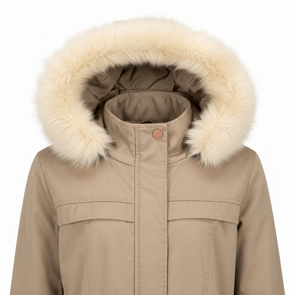 Women's parka coat close-up, ivory faux fur hood trim texture, snap collar, khaki shell fabric detail