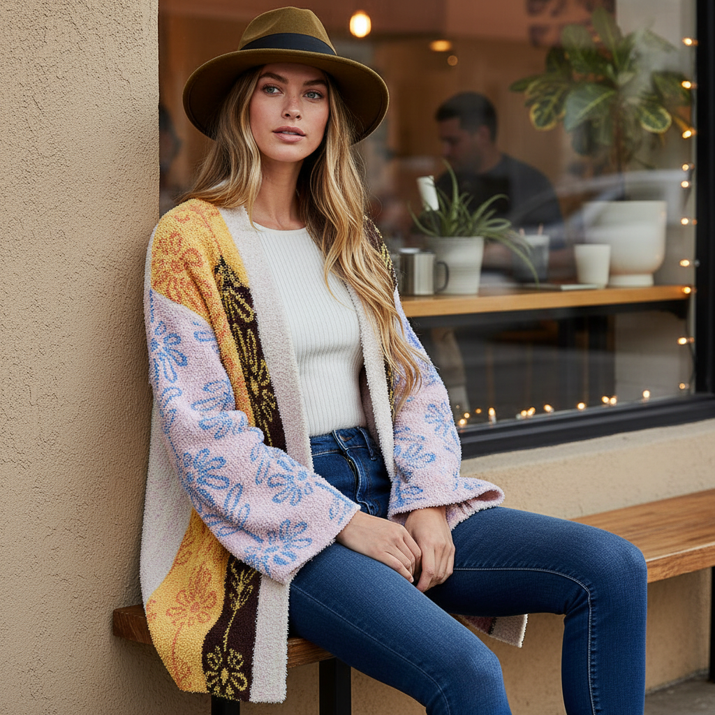 POL open-front colorblock cardigan in bouclé texture, leaning pose at coffee shop, fall layering look