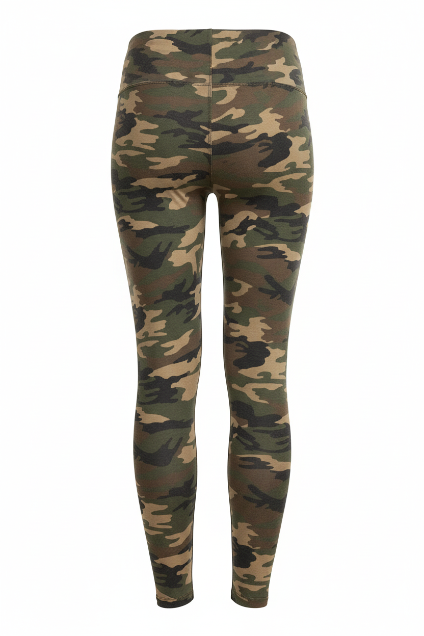 Camouflage print brushed leggings back view showing camo pattern and fit