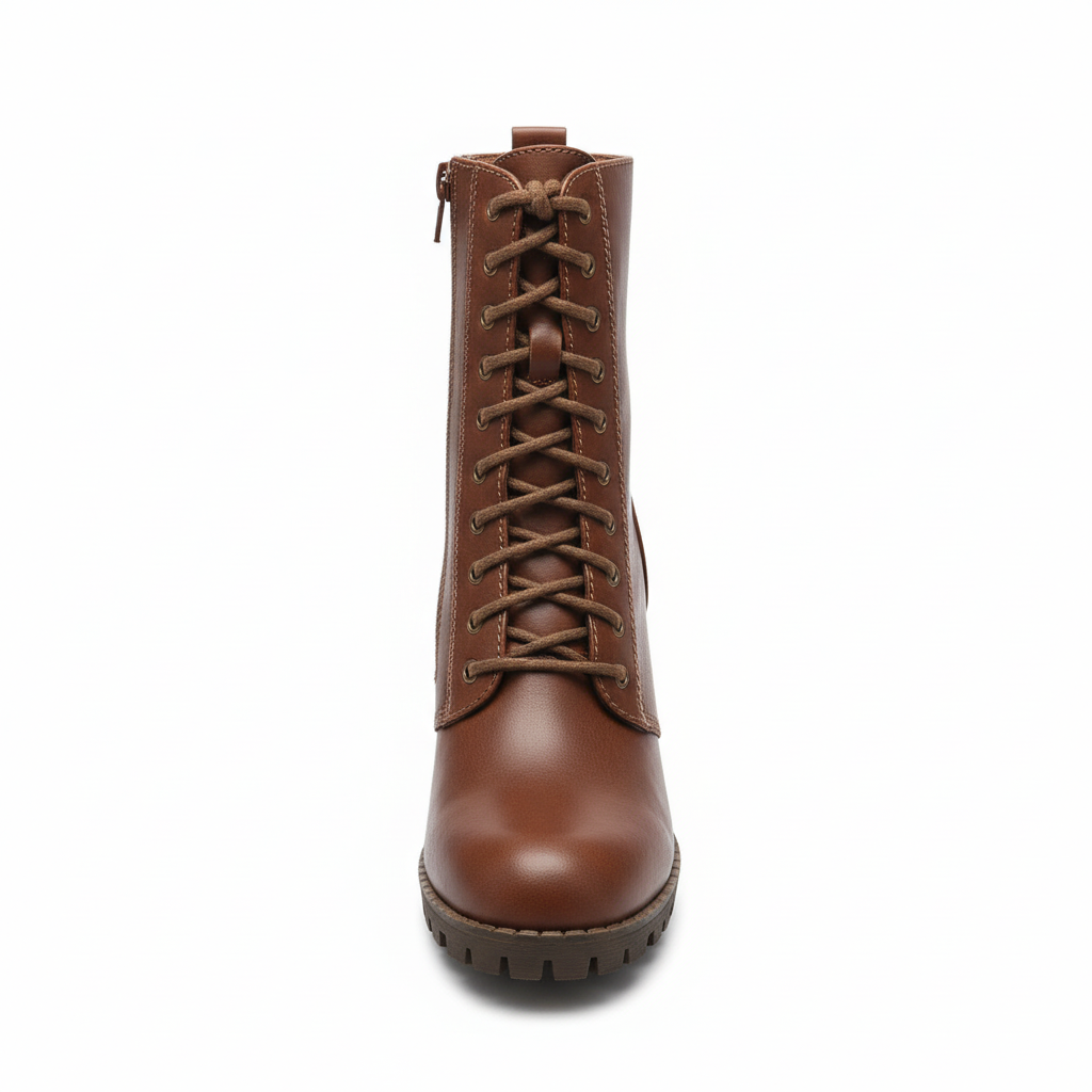 Women's brown leather lace-up combat boots with block heel - front view