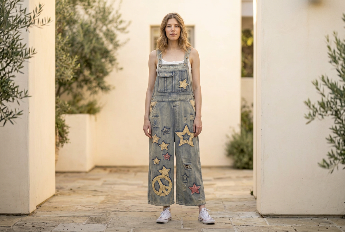 Blue Velvet star-patch wide-leg denim jumpsuit on a woman in a sunlit courtyard.
