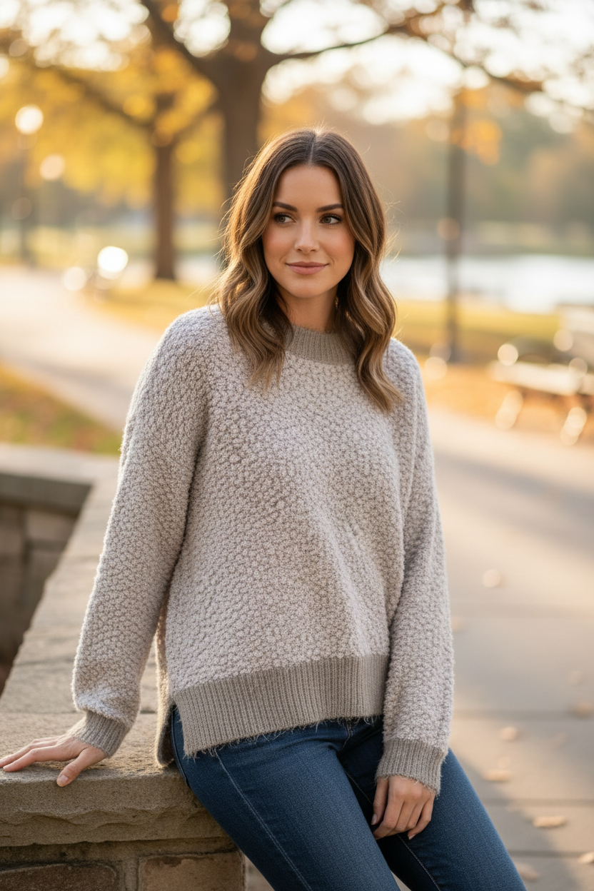 Woman wearing two-tone popcorn knit pullover sweater with soft textured fabric and high-low hem styled casually with denim lifestyle photo with bokeh background
