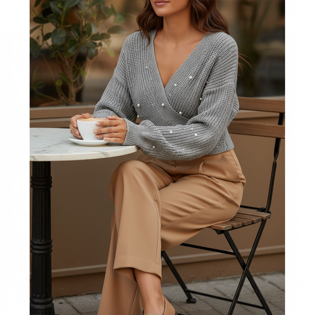 Love Tree women's grey two-way cropped sweater, pearl detail, ribbed knit, coffee shop weekend styling