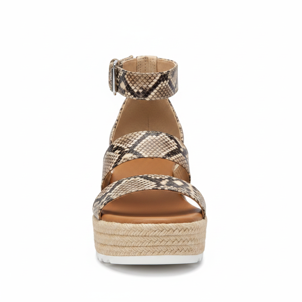 AMS EMMA-25 snake print espadrille wedge sandal, straight front view showing three-strap upper, white background