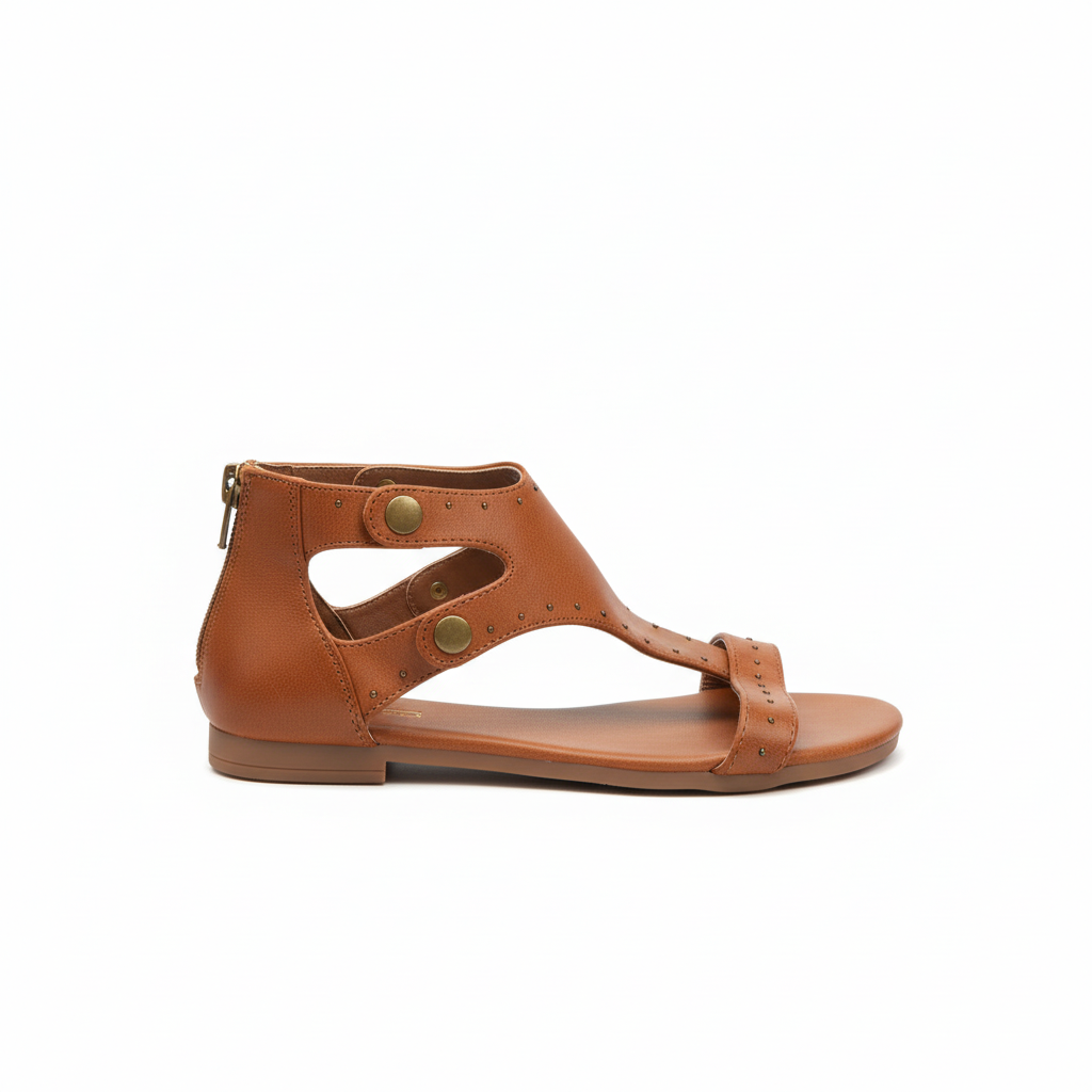 Side profile of tan studded gladiator sandals showing ankle strap and zipper closure