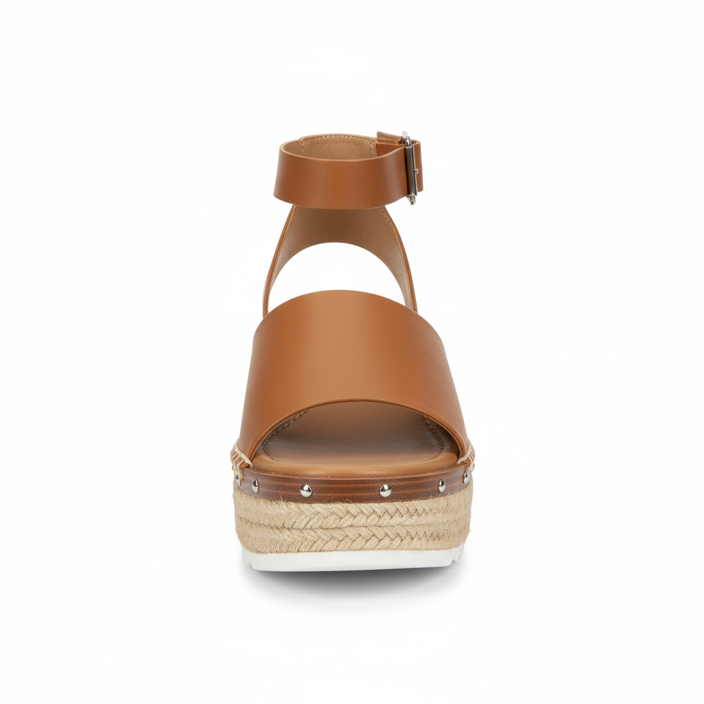 Women's tan brown leather espadrille platform sandal front view open toe ankle strap silver square buckle jute platform