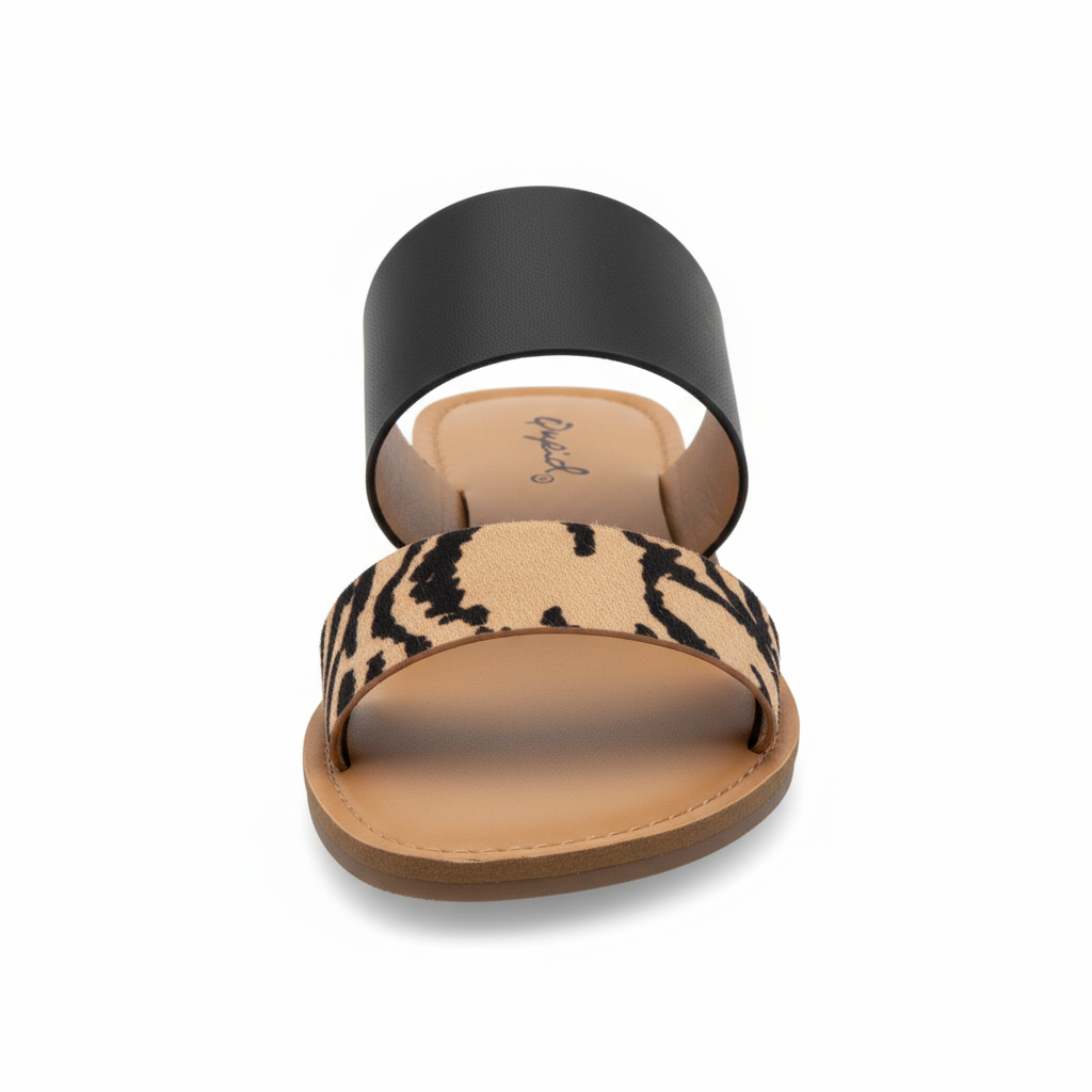 Qupid women's tan zebra print two-band flat slide sandal front view with black PU upper strap - BellanBlue