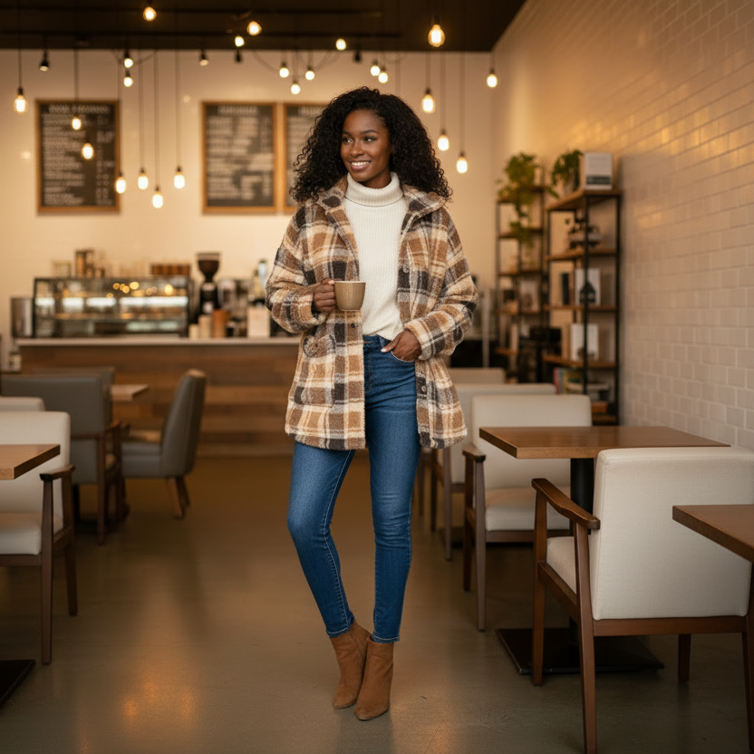 Women's brown plaid fuzzy sherpa shacket layered over cream turtleneck with dark jeans cozy coffee shop fall outfit