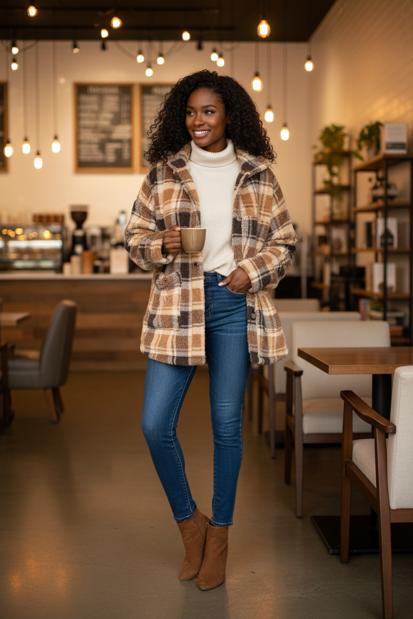 Women's brown plaid fuzzy sherpa shacket layered over cream turtleneck with dark jeans cozy coffee shop fall outfit