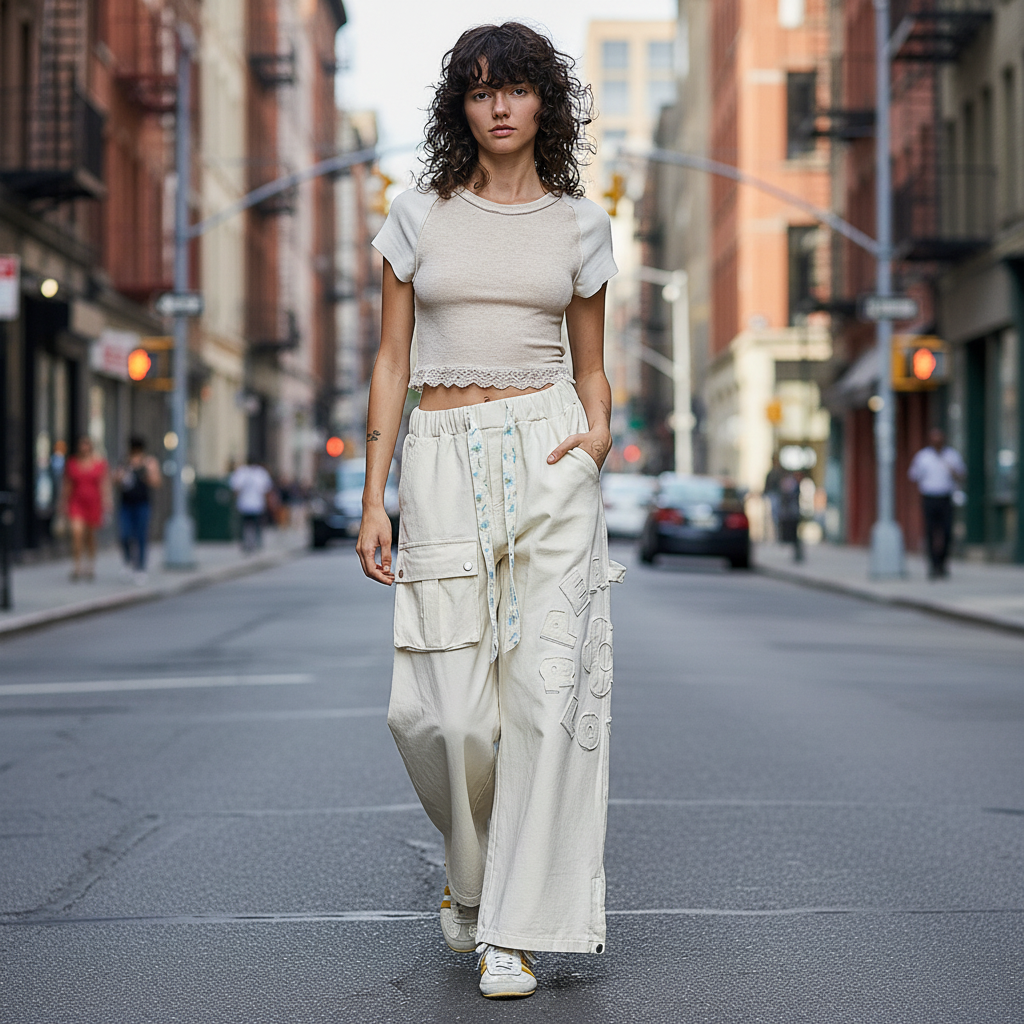 Natural colorway garment styled with model walking on city street - BellanBlue