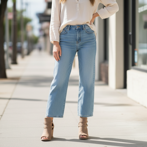 Qupid Finley taupe peep-toe wedge booties with double buckle straps, worn on boutique sidewalk - BellanBlue