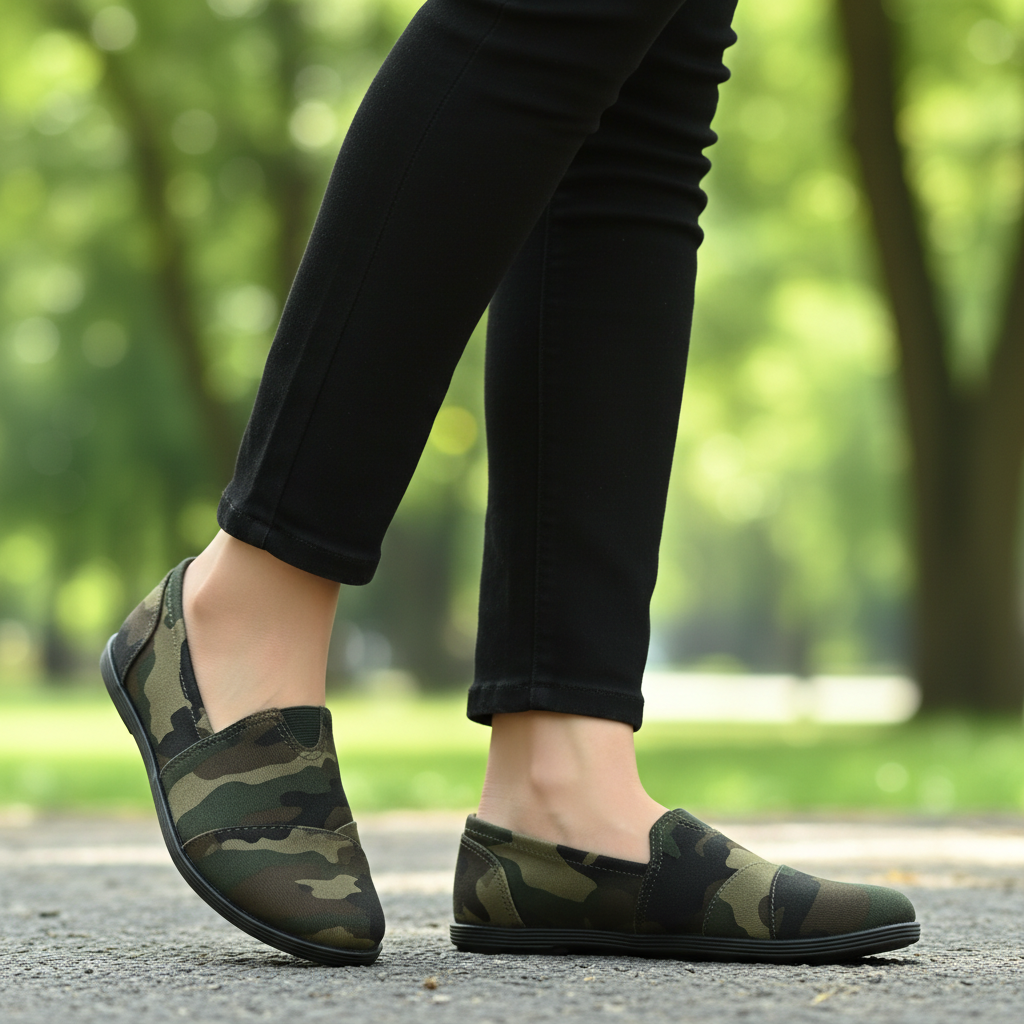 Women's camouflage canvas slip-on flat styled with black jeans in an outdoor park setting casual everyday look