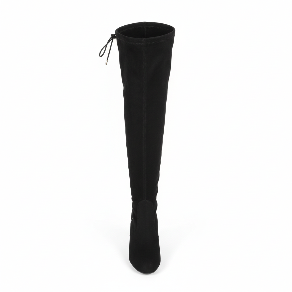 Women's black suede over-the-knee boots top view - showing adjustable drawstring and boot opening