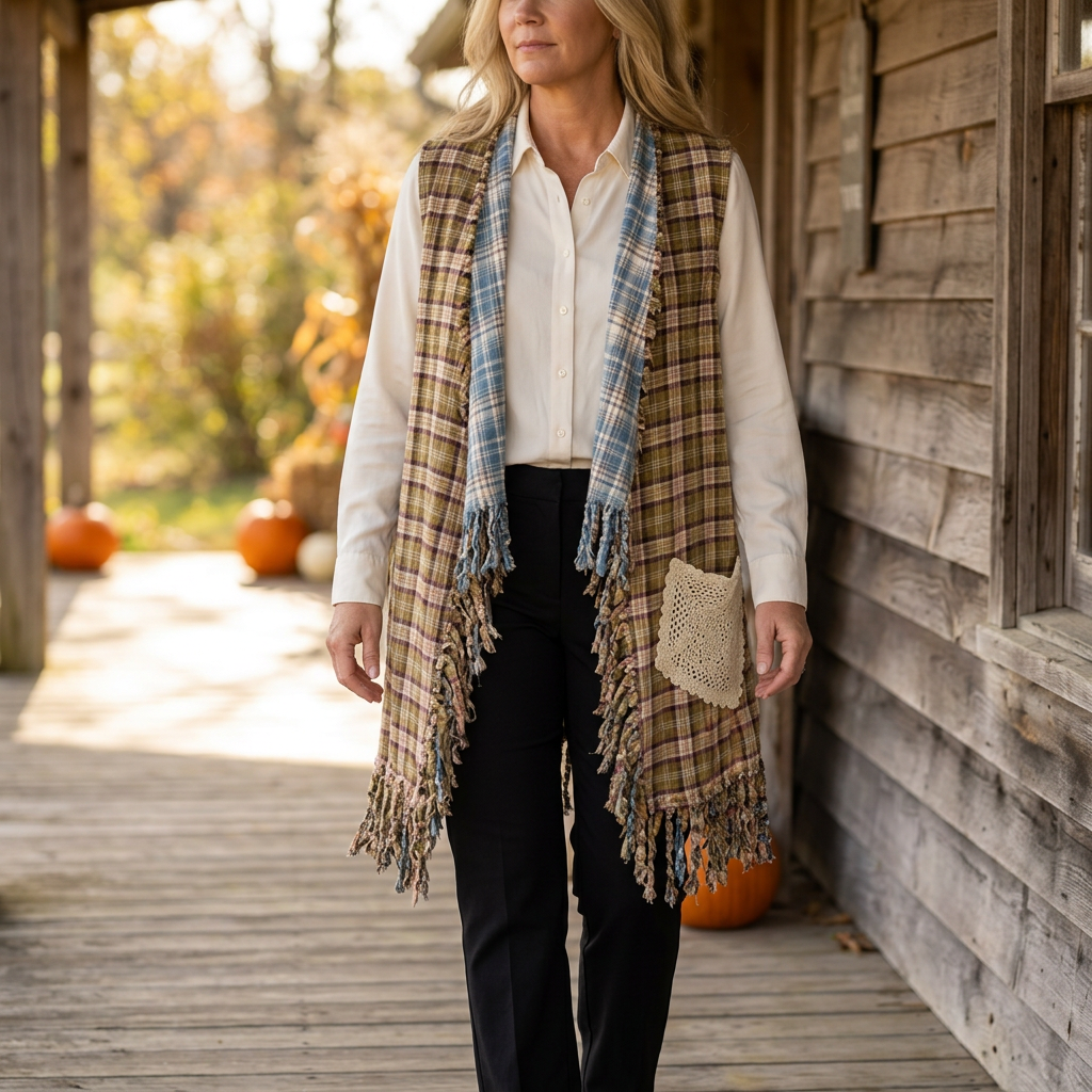 Earthy plaid reverse of a fringe vest with a cream crochet pocket, styled with a white shirt on a wooden porch.