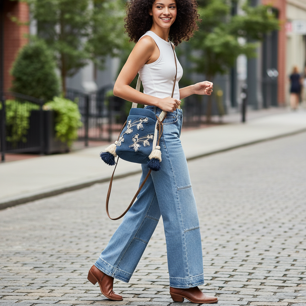 Women's embroidered butterfly crossbody bag in motion, denim tone, woven texture, street style outfit