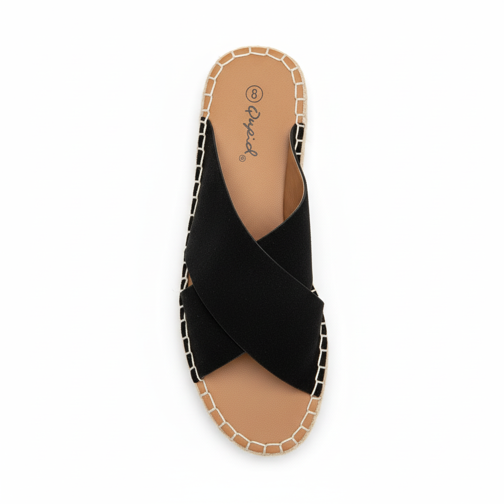 Black espadrille slides top view showing interior footbed and straps