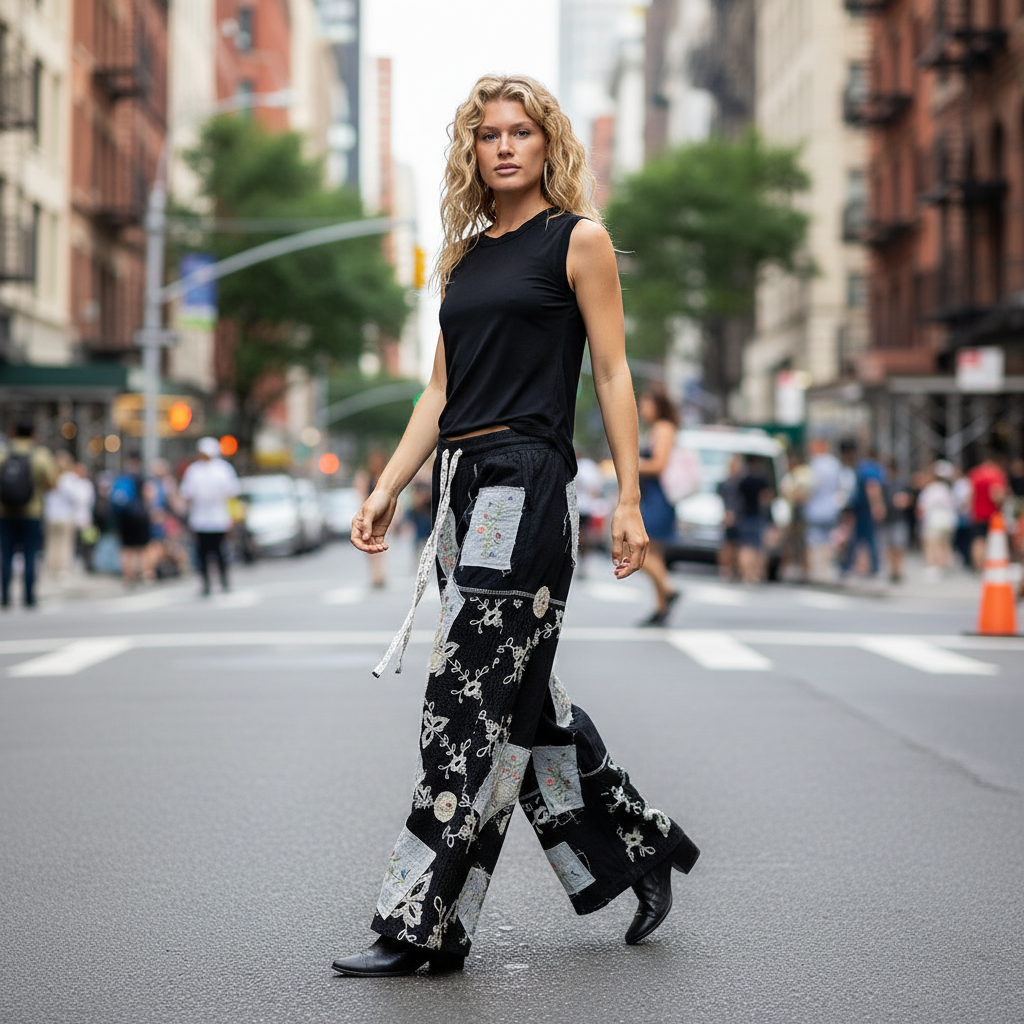 Women's black wide-leg lace patchwork pants relaxed fit walking city street boho style - BellanBlue