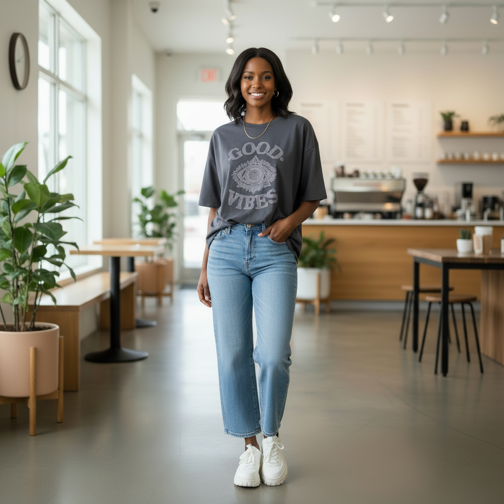 Charcoal women’s oversized Good Vibes graphic tee styled with wide-leg jeans and sneakers in coffee shop