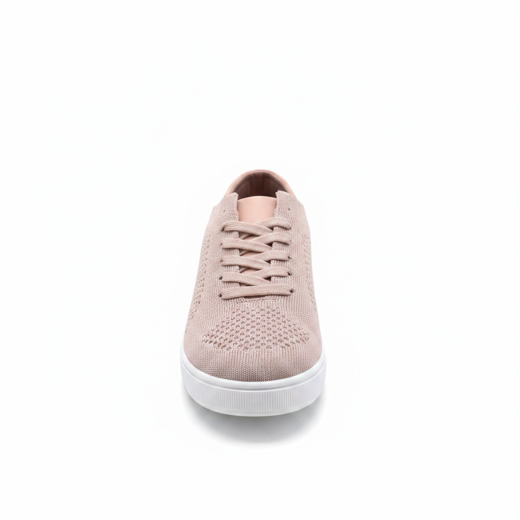 Mauve flyknit lace-up sneaker front view on white background showing lace-up detail and knit upper - BellanBlue