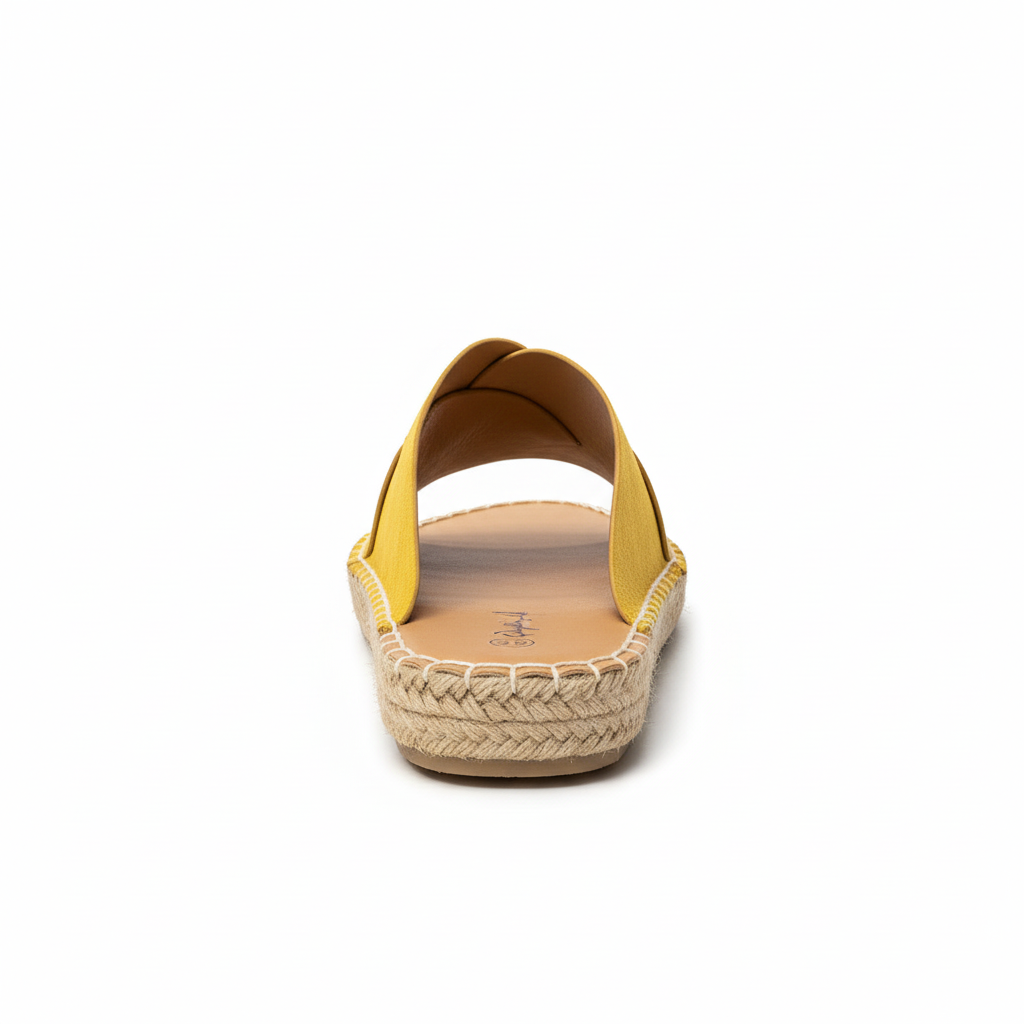 Yellow platform espadrille sandals - back view showing heel and jute sole construction