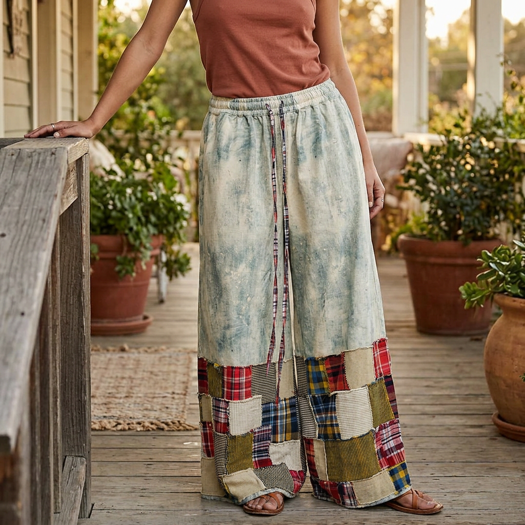 POL Clothing women's light blue mineral-wash pants with colorful patchwork hems on a sunlit porch
